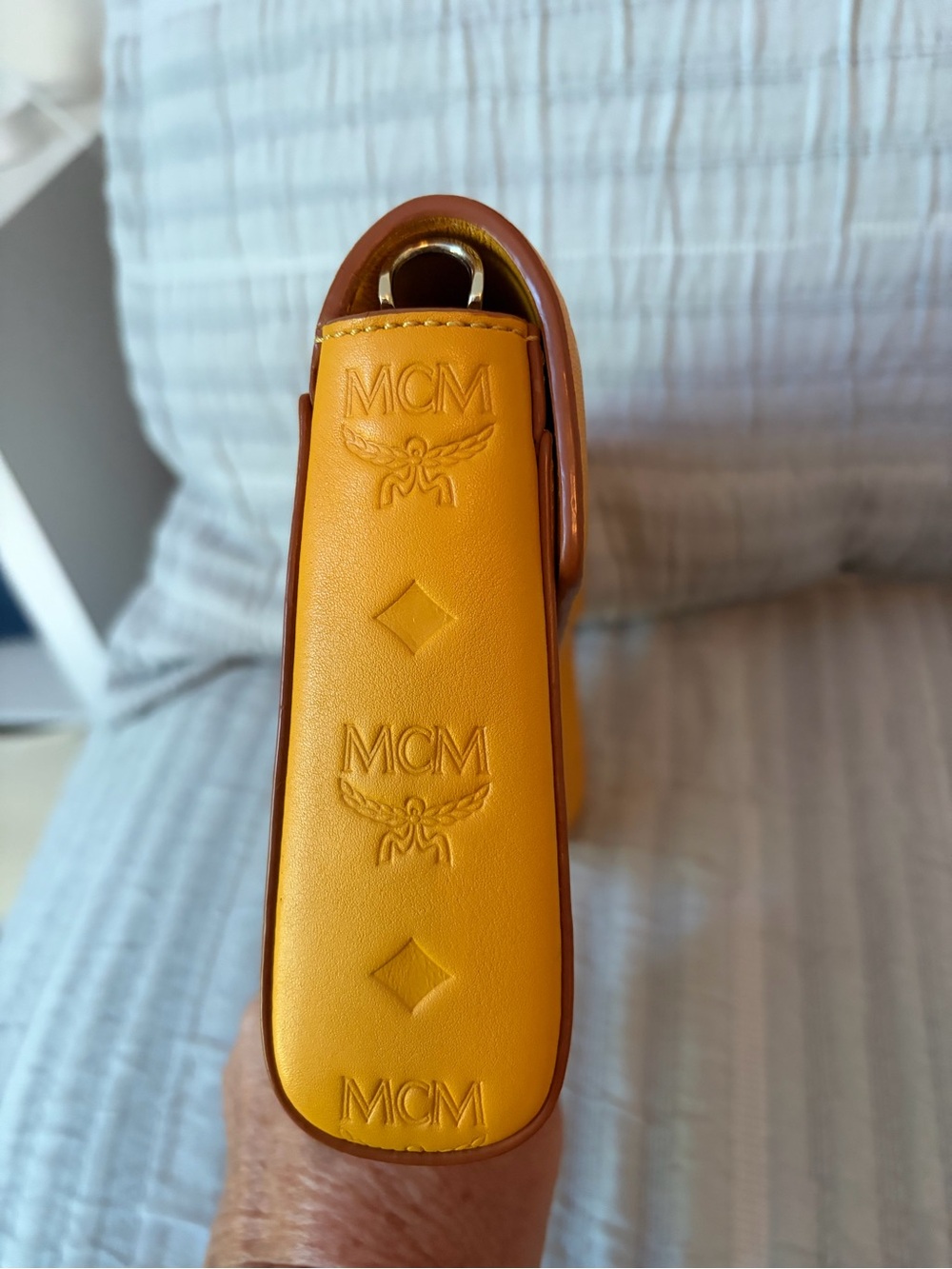 MCM Embossed Leather Envelope Clutch in Mustard - Picture 10 of 14